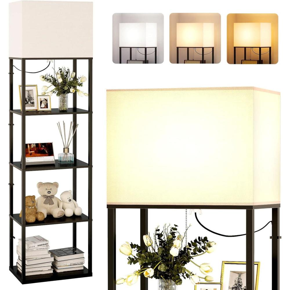 imageaddlon Floor lamp with Shelves Super Large Size 19W 5Tier Modern Floor lamp with 3 Color Temperatures LED Bulb Display Shelf lamp for Living Room Bedroom and Office  Black