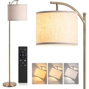 imageaddlon Floor Lamp for Living Room with 3 Color Temperatures Standing lamp with Linen lampshade for Bedroom Office Lamps with 9W LED Bulb Included  Brown with Beige ShadeBrass Gold  Beige Shade Remote