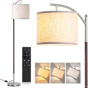 imageaddlon Floor Lamp for Living Room with 3 Color Temperatures Standing lamp with Linen lampshade for Bedroom Office Lamps with 9W LED Bulb Included  Brown with Beige ShadeBrown and Nickel  Beige Shade Remote
