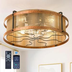 imageaddlon 20quot Black Caged Ceiling Fan with Lights Fandelier Fan with Remote 6 Speeds ampamp Timer Farmhouse Flush Mount Bladeless Ceiling Fan for Bedroom Kitchen Outdoor Low Profile DesignDune Gold