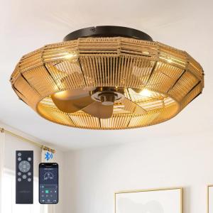 imageaddlon 20quot Boho Ceiling Fan with Light and Remote Woven Caged Low Profile Bladeless Ceiling Fans Flush Mount Bohemian Fandelier Ceiling Fan 6 Speed Reversible for Bedroom Living Room KitchenBrown