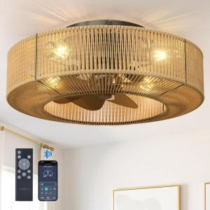 imageaddlon 20quot Boho Ceiling Fan with Light and Remote Woven Caged Low Profile Bladeless Ceiling Fans Flush Mount Bohemian Fandelier Ceiling Fan 6 Speed Reversible for Bedroom Living Room KitchenLight Brown