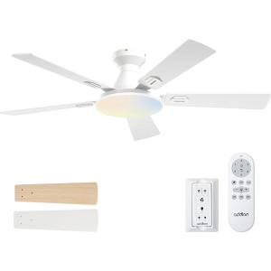 imageaddlon Ceiling Fans with Lights 52 inch Flush Mount Ceiling fan with Remote Control Wall Remote Reversible 5CCT Dimmable Noiseless DC Motor White Low Profile Ceiling Fan for Bedroom FarmhouseWhite