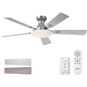 imageaddlon Ceiling Fans with Lights 52 inch Flush Mount Ceiling fan with Remote Control Wall Remote Reversible 5CCT Dimmable Noiseless DC Motor White Low Profile Ceiling Fan for Bedroom FarmhouseNickel