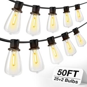 imageaddlon 100FT50FT2 LED Outdoor String Lights Waterproof Patio Lights with Shatterproof ST38 Replaceable Bulbs Dimmable Outside Hanging Light Connectable for Porch Backyard 2200K50FT25 Sockets