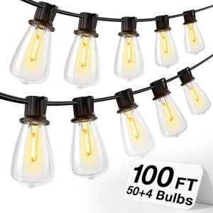 imageaddlon 100FT50FT2 LED Outdoor String Lights Waterproof Patio Lights with Shatterproof ST38 Replaceable Bulbs Dimmable Outside Hanging Light Connectable for Porch Backyard 2200K100FT50 Sockets