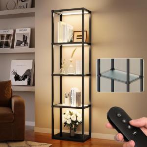 imageaddlon Tall Display Shelf Dimmable LED Lighted Shelves Display Cabinet with Remote Glass Curio Cabinet Bookcase with 3 Color Temperatures Floor Lamp with Shelves for Living Room Decor