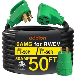 imageaddlon 50 Amp 50 Feet RVEV Extension Cord with Adapter 30M50F Heavy Duty 6381 STW AWG Gauge 4 Prong Power Cord NEMA 1450P to 1450R Tesla Model 3SXYBlackGreen ETL Listed