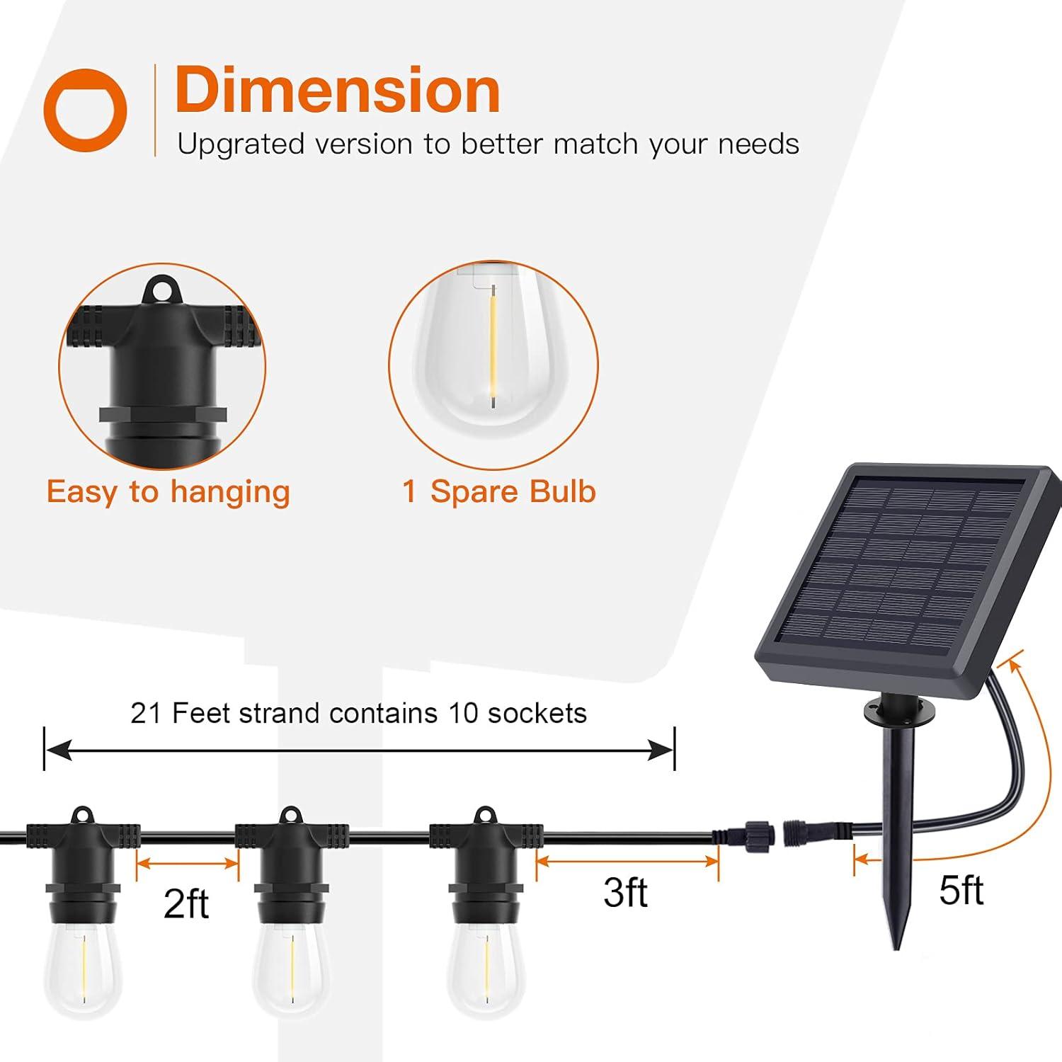 imageaddlon 27FT Solar String Lights Outdoor Commercial Grade LED Solar Caf Patio Lights Porch Market Light Waterproof and Shatterproof Vintage Edison Bulbs Create Ambience On Garden Warm Yellow