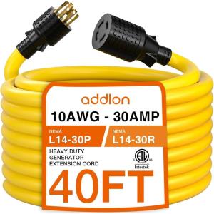 imageaddlon 15FT 4Prong 30 amp Generator Cord with Organizer Bag NEMA L1430PL1430R 125250 Volt 7500 Watts 10 Gauge SJTW Locking Power Extension Cord for Manual Transfer Switch Yellow ETL Listed40 FT