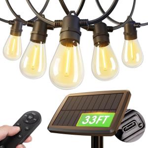 imageaddlon 54FT486 Solar String Lights Outdoor Waterproof with USB Charging ampamp Remote Control  Dimmable Solar Power Patio Lights with LED Bulbs for Porch Garden Yard Market Bistro  Last for 20Hrs276FT9 Sockets