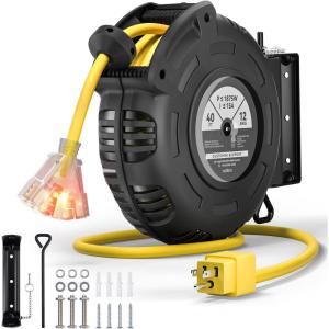 imageaddlon Retractable Extension Cord Reel  40FT Heavy Duty 12 AWG Power Cord with 5FT Ultra Lead in 3 LED Outlets Safety 15 Amp Circuit Breaker CeilingWall Mount for WorkshopGarage  SJTOWETL