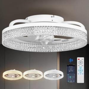 imageaddlon Ceiling Fans with Lights and Remote 18 Low Profile Ceiling Fans 30006000K Dimmable Modern Flush Mount LED Fan Light Fandelier Ceiling Fan for Bedroom Kitchen Living Room BlackWhite Honeycomb Crystal