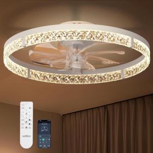 imageaddlon Ceiling Fans with Lights and Remote 24 Low Profile Flush Mount Ceiling Fan 30006000K Dimmable LED Fandelier Bladeless Crystal Fan Light for Bedroom Kitchen Living Room BlackWhite  Crystal