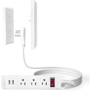 image:imageaddlon Flat Plug Power Strip with UltraThin Wall Plate 6 FT Flat Extension Cord with 3 Standard 15A Outlets amp 2 USB Ports Electrocution Protection Includes 2 Sets of Fixing Clip ETL Listed6FT2USB Ports1 Pack