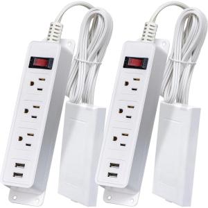 image:imageaddlon Flat Plug Power Strip with UltraThin Wall Plate 6 FT Flat Extension Cord with 3 Standard 15A Outlets amp 2 USB Ports Electrocution Protection Includes 2 Sets of Fixing Clip ETL Listed6FT2USB Ports2 Pack