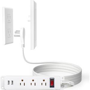 image:imageaddlon Flat Plug Power Strip with UltraThin Wall Plate 6 FT Flat Extension Cord with 3 Standard 15A Outlets amp 2 USB Ports Electrocution Protection Includes 2 Sets of Fixing Clip ETL Listed10FT2USB Ports1 Pack