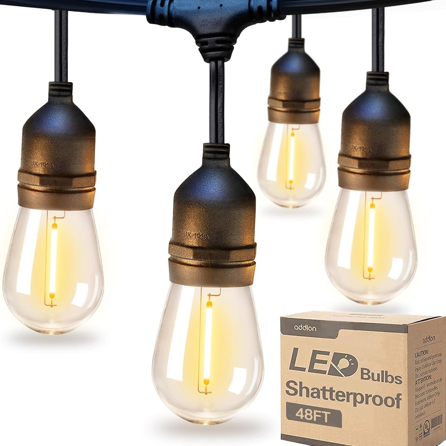 Outdoor Led String addlon LED Outdoor String Lights 48FT with Edison Vintage Shatterproof ...