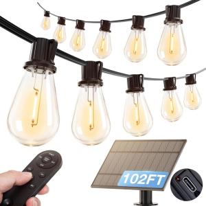 image:imageaddlon 102FT96FT6 Solar String Lights Outdoor Waterproof with USB Port amp Remote Control Solar Patio Lights for Outside Solar Powered with 34 LED Dimmable Bulbs for Porch Garden Deck Halloween966FT48 Sockets