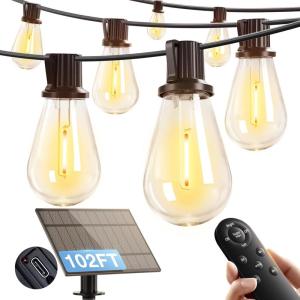 image:imageaddlon 102FT96FT6 Solar String Lights Outdoor Waterproof with USB Port amp Remote Control Solar Patio Lights for Outside Solar Powered with 34 LED Dimmable Bulbs for Porch Garden Deck Halloween966FT32 Sockets