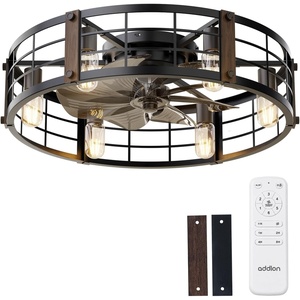 image:imageaddlon 24 Inch Farmhouse Flush Mount Ceiling Fans with Lights and Remote Black Caged Fandelier Ceiling Fan Low Profile Industrial Ceiling Light Fixtures for Bedroom Kitchen Living RoomBlack